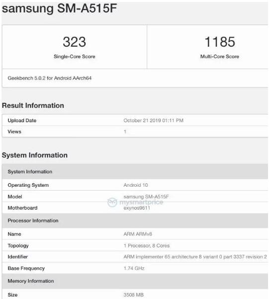 前沿科技:三星Galaxy A51 Geekbench结果显示Exynos 9611芯片组和Android 10操作系统